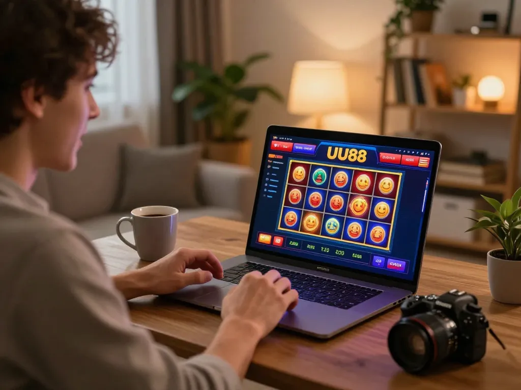 Player enjoying thrilling online casino experience at uu88 with vibrant slot game interface on laptop.