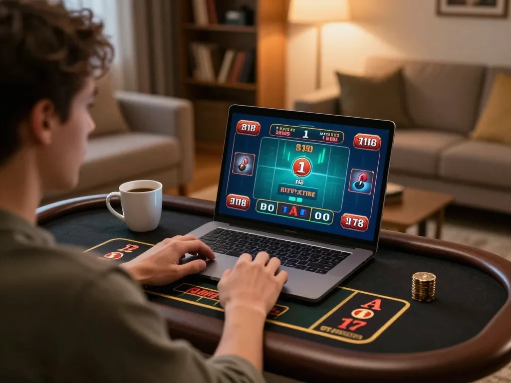 Engaged player at home using KKWIN for online casino gameplay, showcasing live dealer excitement.