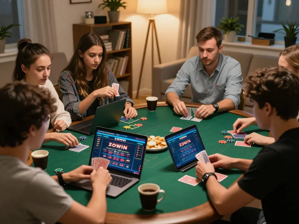 Players enjoying an engaging online game of poker on ZOWIN, capturing a social and strategic moment at home