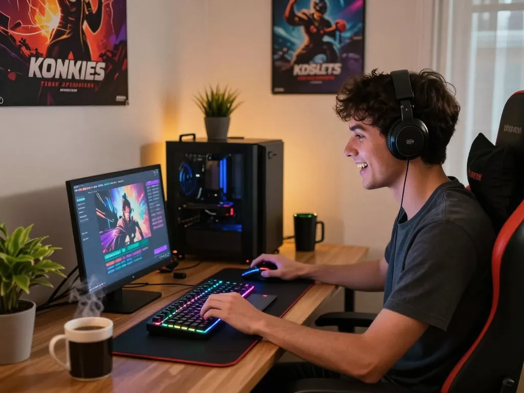 Engaged user enjoying KDSLOTS gaming experience at cozy home workspace.