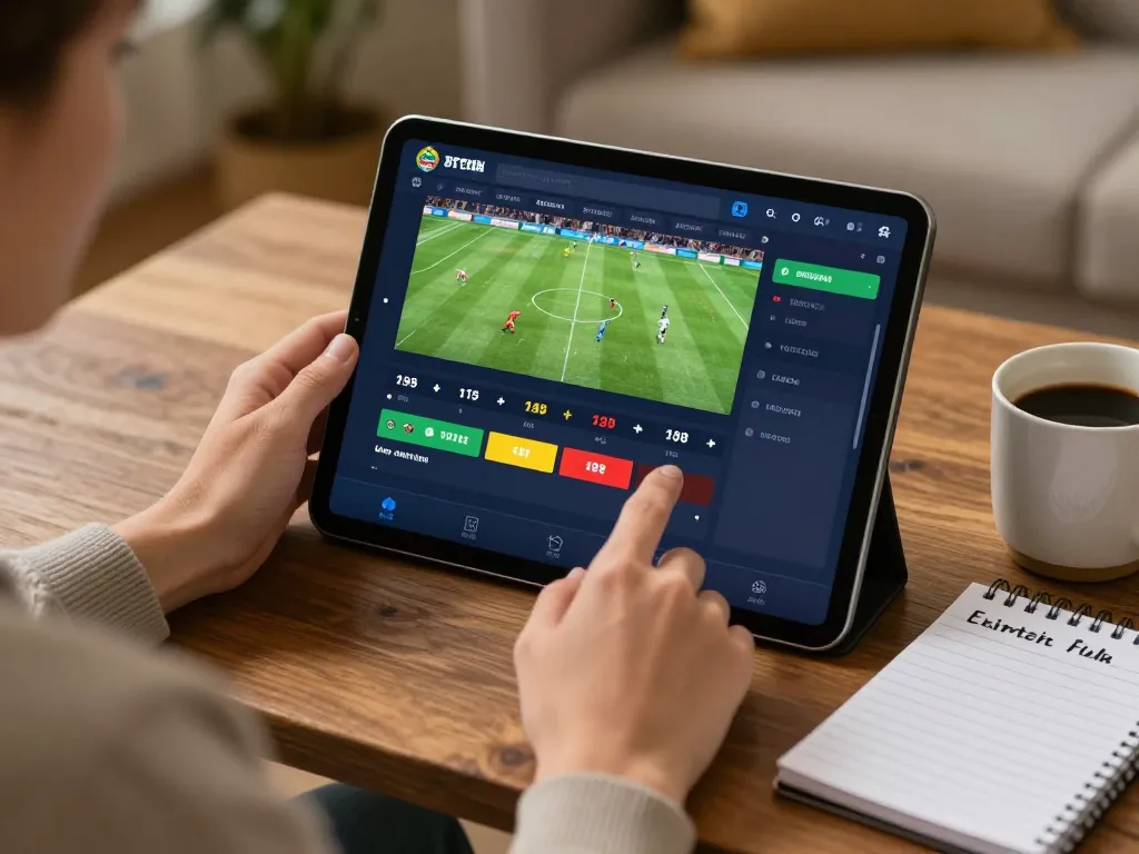 Person using keo nha cai 5 to place sports bets on a tablet in a cozy home setting