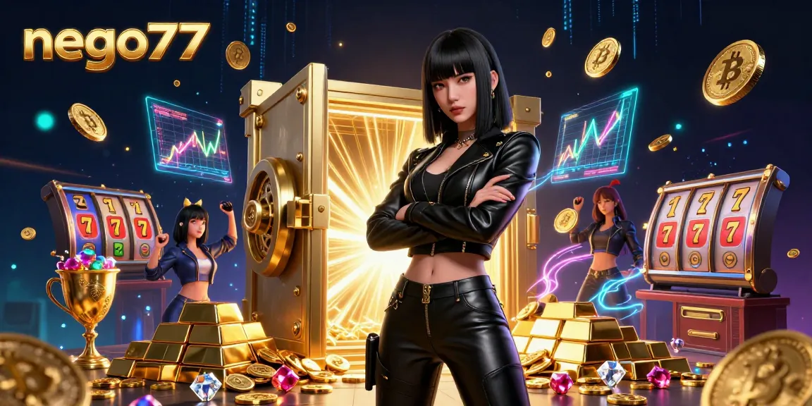 Nego77 transforms the gaming scene, showcasing vibrant slot reels and crypto elements in a dynamic casino illustration.