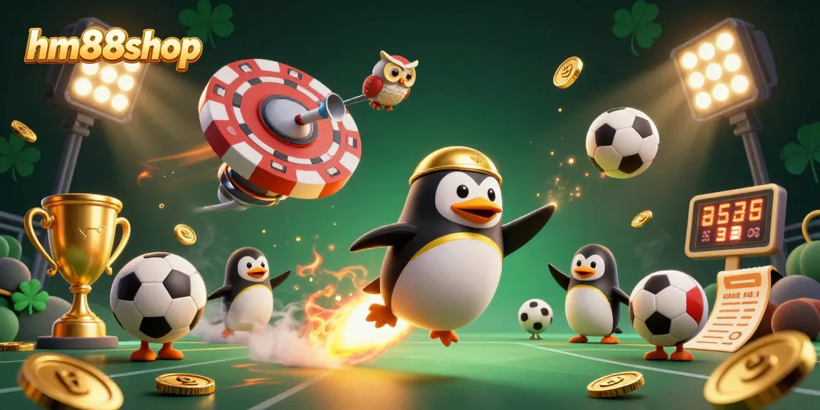 hm88shop visually captures a rocket-powered penguin amid a vibrant casino scene with dynamic sports elements.