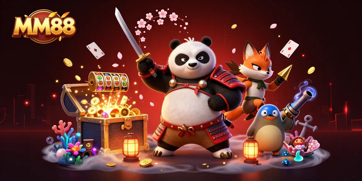 Spin lucky reels with MM88's vibrant 3D illustration featuring a samurai panda and magical companions.