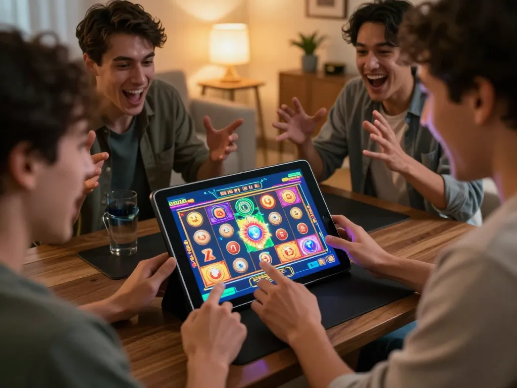 Experience the excitement of a situs gacor slot game with players celebrating wins on a cozy tablet setup