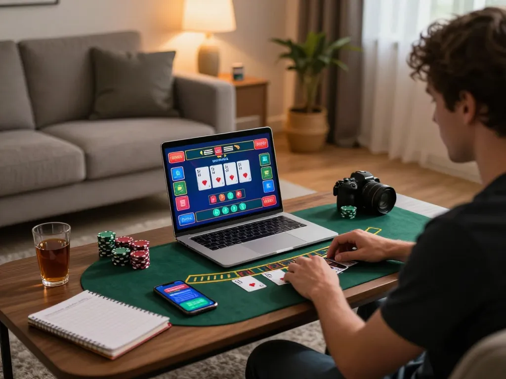 Player engaging in online casino gameplay with mb66, focusing on live blackjack and strategy notes.