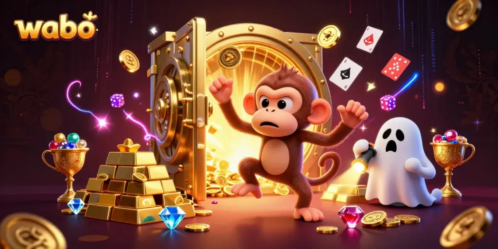 Wabo casino illustration showcasing a playful monkey juggling golden objects in a lively haunted setting.