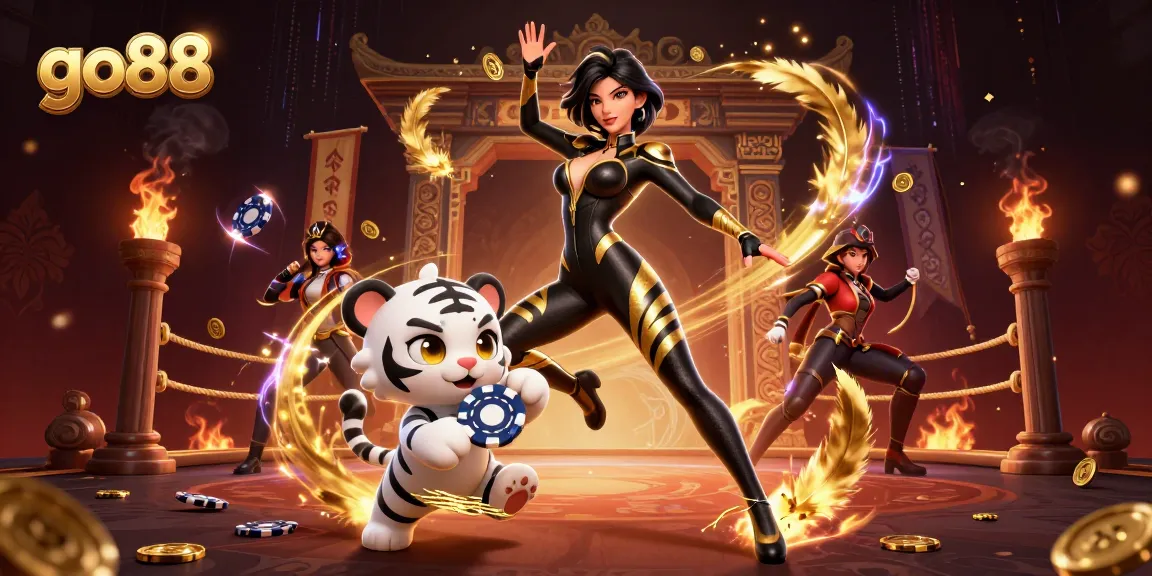 Engage in thrilling games with go88 as a stunning woman in a catsuit and a white tiger chip player.