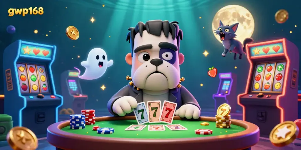 Permainan seru gwp168 oleh monster bulldog yang membagikan kartu di meja kasino yang menakutkan