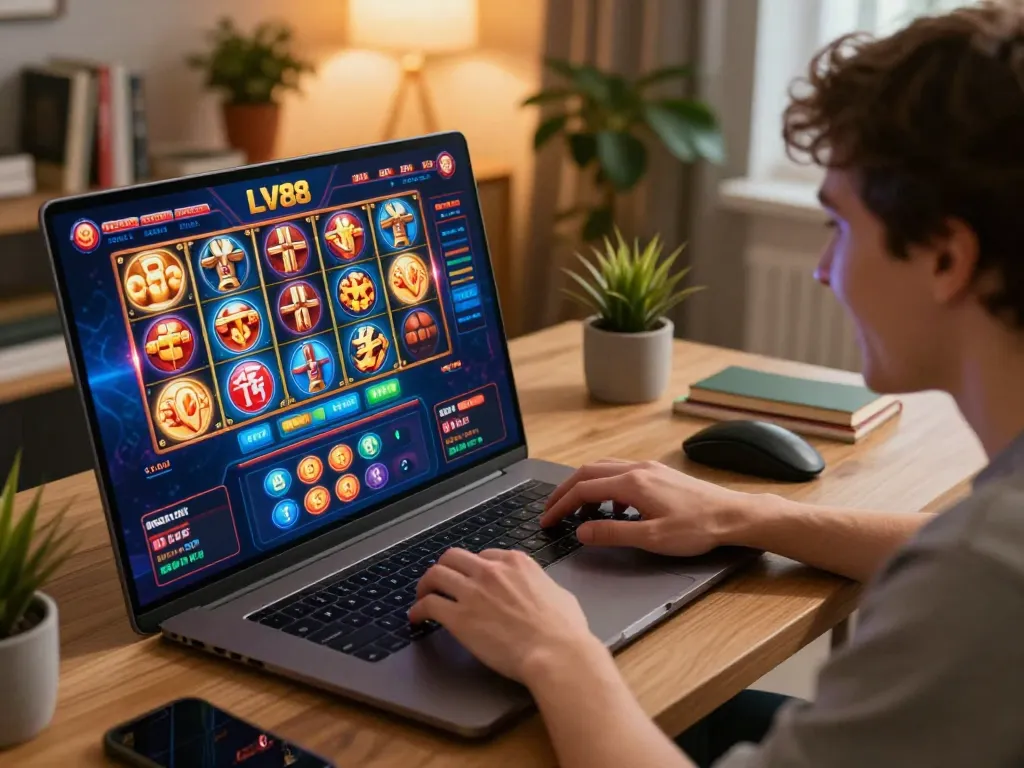 Player exploring exciting LV88 casino games on a laptop in a cozy home office