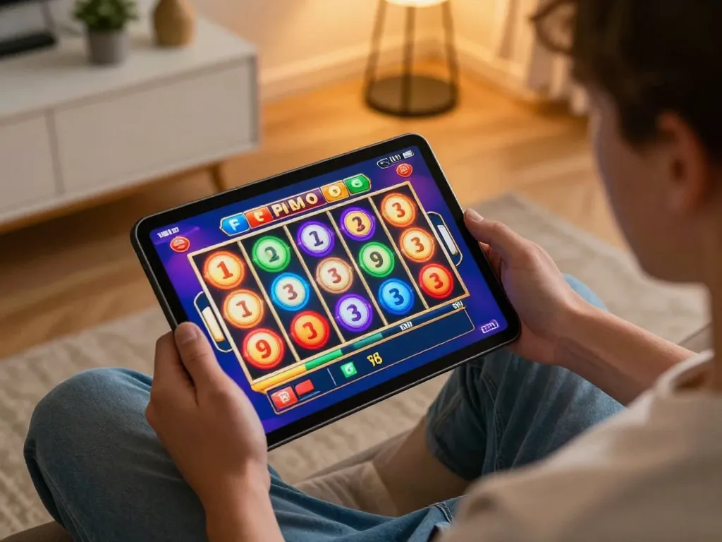 Terlibat dengan pengalaman Slot Demo di tablet yang menunjukkan gulungan cerah berputar dalam suasana permainan yang mengundang.