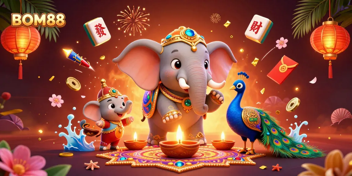 BOM88 offers an exciting visual feast with vibrant 3D casino-themed illustrations featuring dynamic characters and gambling elements.