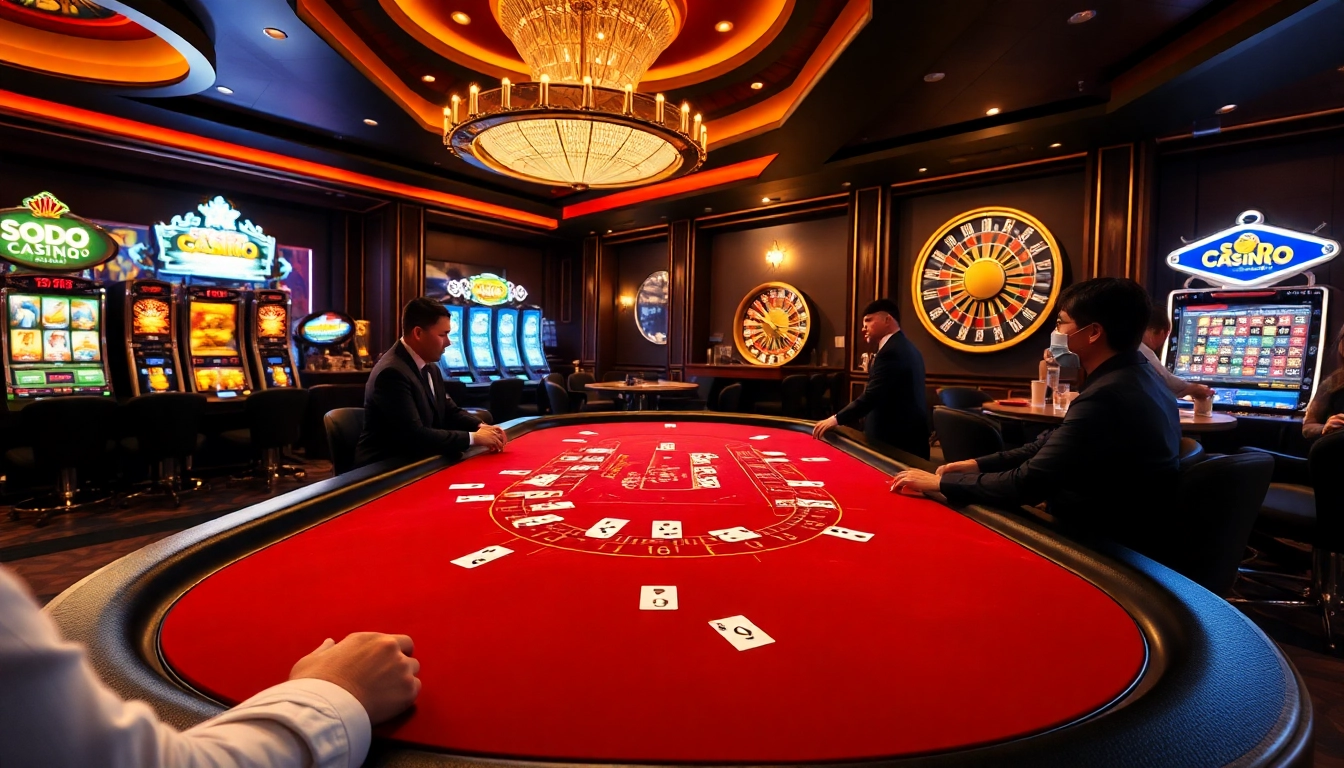 Exciting game at SODO CASINO 66 with players at a blackjack table amid vivid slot machines.