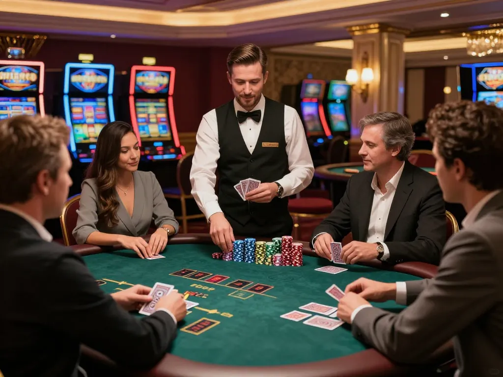 RR88 players intensively strategizing at a blackjack table in a luxurious casino setting.