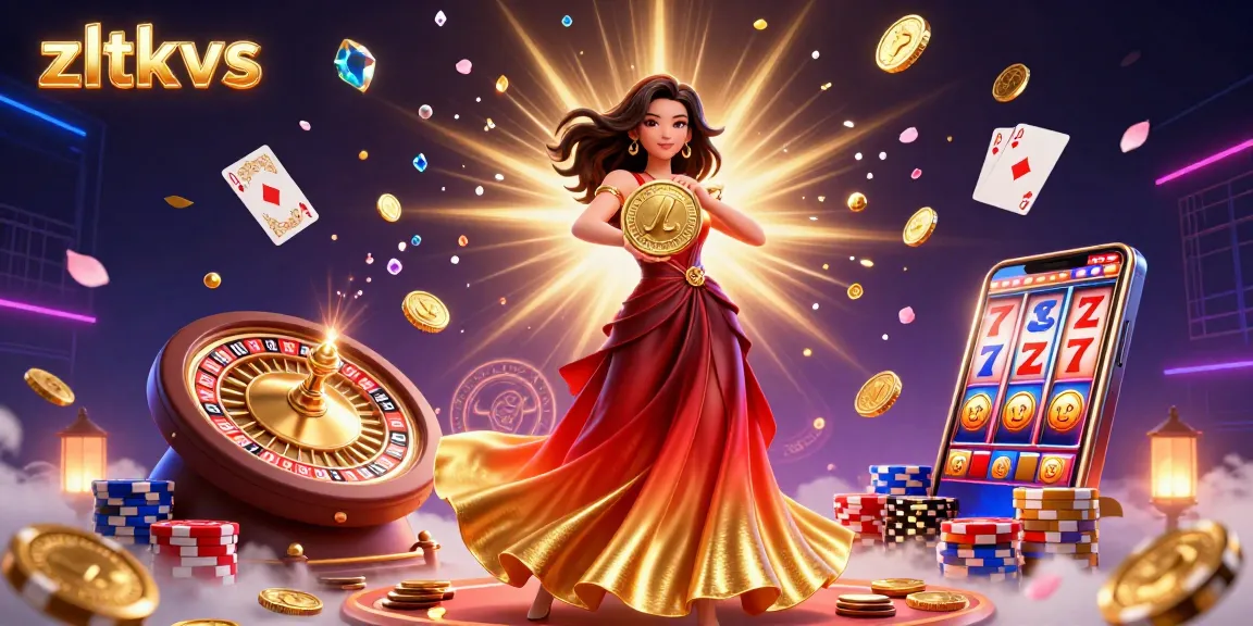 Experience thrilling gameplay at zltkvs with a gorgeous Asian woman showcasing golden coins, vibrant casino elements, and winning energy.