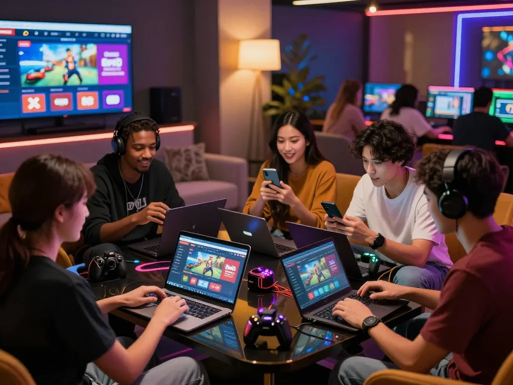 Group of friends discussing link vào sunwin at modern gaming lounge with screens and laptops.