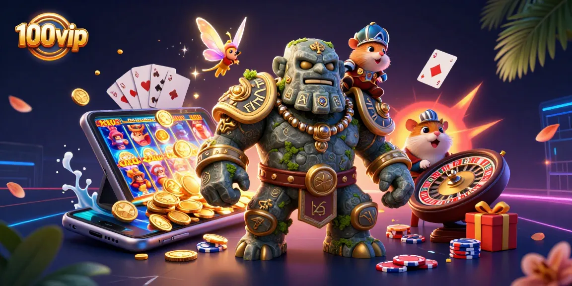 Engage with 100vip's dynamic casino experience featuring vibrant characters and game elements.