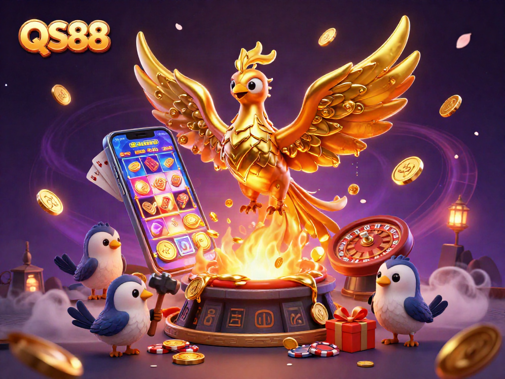 Experience thrilling gameplay at QS88 with a golden phoenix, vibrant slots, and exciting casino elements.