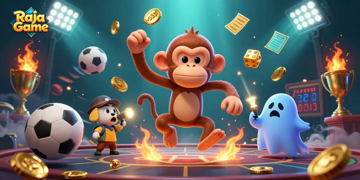 Experience thrilling gameplay with Raja Game, showcasing a poltergeist monkey juggling gold in a haunted casino.