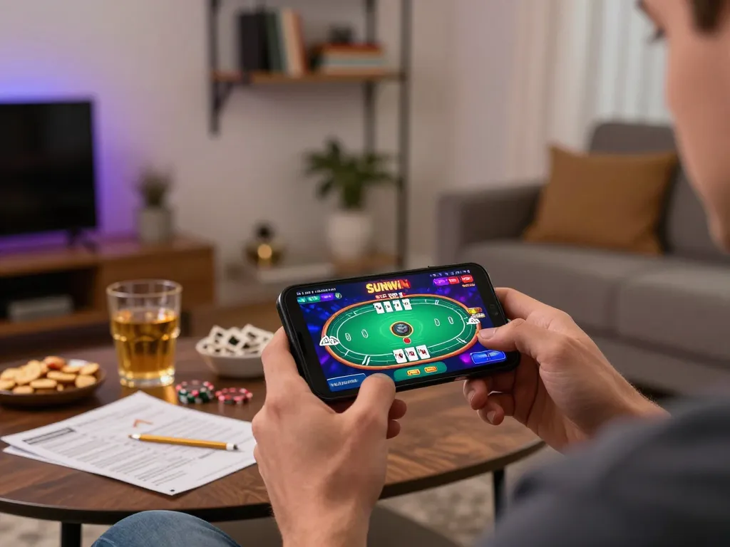 SUNWIN app user playing poker online in a cozy living room environment.