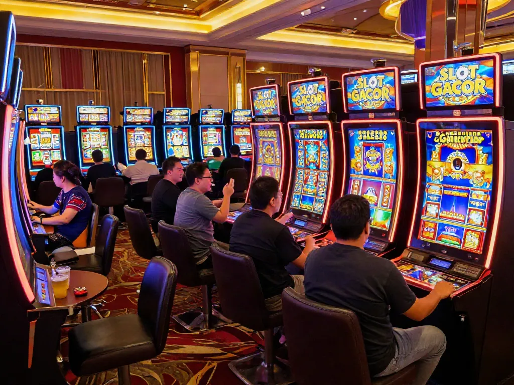 Players enjoying SLOT GACOR machines in a vibrant casino atmosphere with lively interactions.