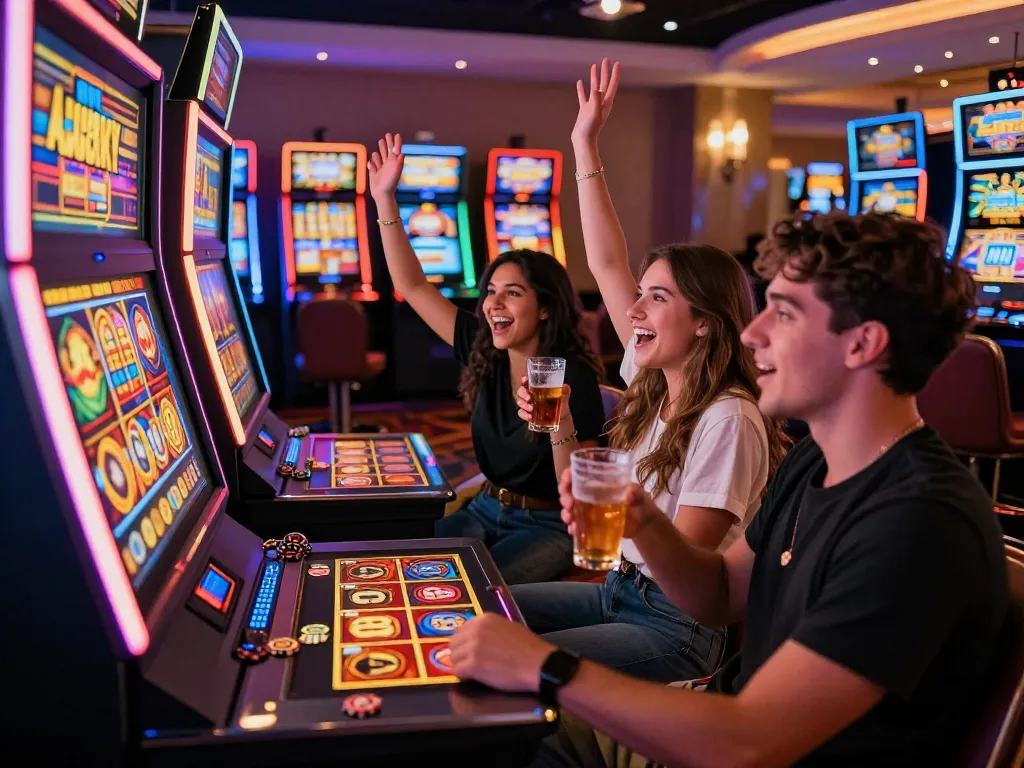 Exciting scene of friends celebrating a win at Lucky 88 slot machine, showcasing the gaming atmosphere at https://lucky88.tips/.