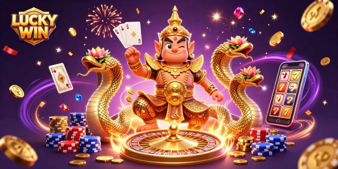 LUCKY WIN gaming experience with a vibrant casino-themed 3D illustration featuring golden coins and slot machines.