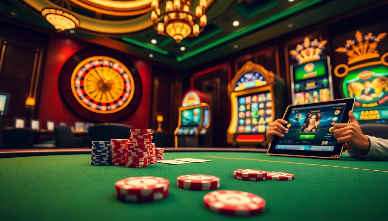 Experience the excitement of Xin88 with a vibrant casino scene featuring poker and slot machines.