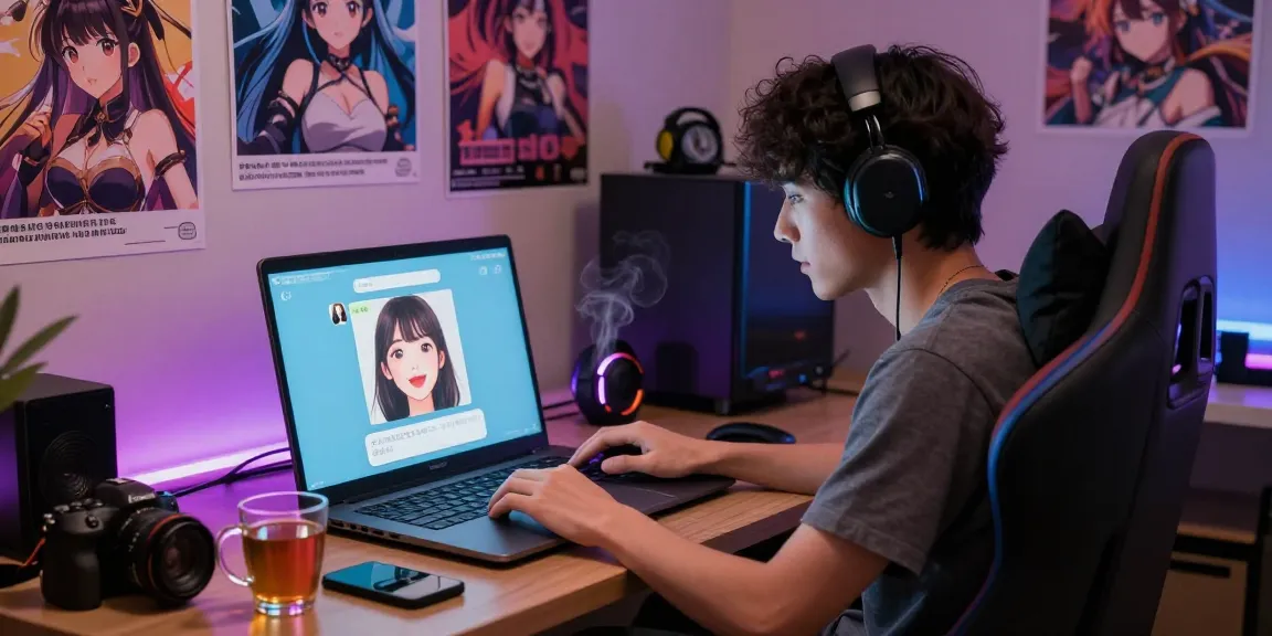 User engaging with a hentai AI chatbot on a laptop in a cozy room, showcasing anime décor and technology.
