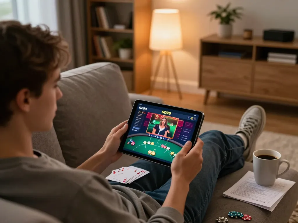 Engaging in poker gameplay on the GO99 app in a cozy home setting, showcasing online gambling experience.