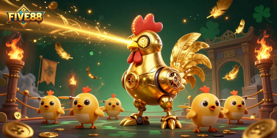 Engage in exciting games at FIVE88, featuring a vibrant scene with a golden rooster robot and in-game elements.