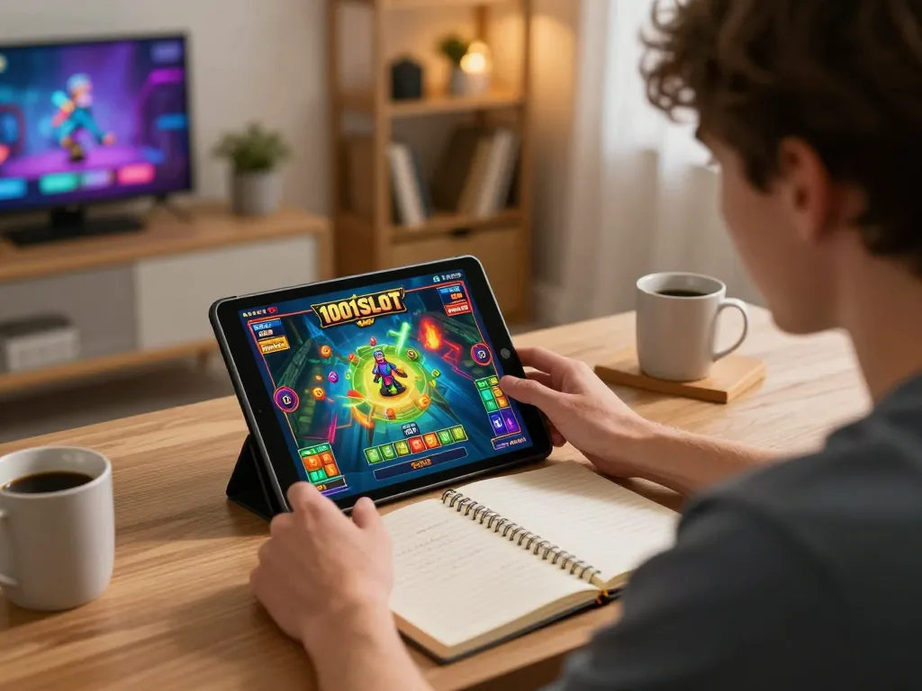 Playing 1001SLOT online in a cozy home office, highlighting engaging gameplay and strategic notes.