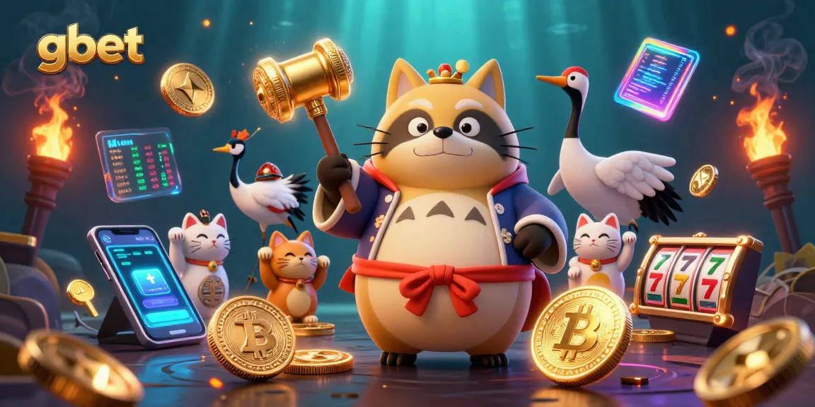 Experience gbet's vibrant gaming world with a cheerful tanuki, crypto elements, and dynamic casino symbols.