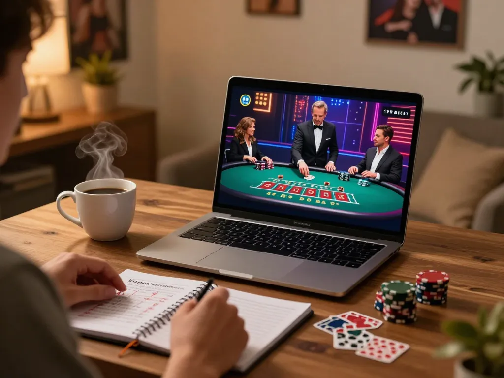 Player engaging in tr88 live dealer blackjack, highlighting strategic gameplay in cozy home setting.