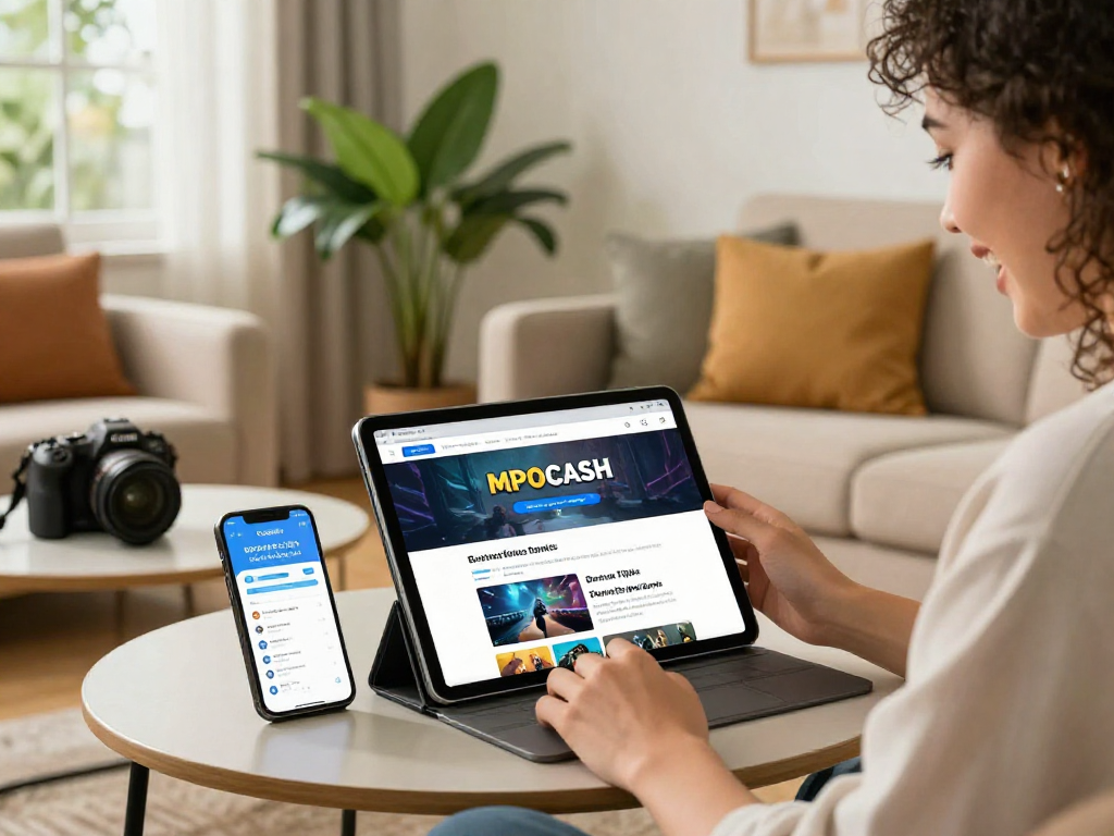 MPOCASH blog scene with user exploring gaming rewards on a tablet in a cozy living room.