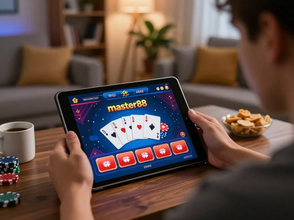 Terlibat dengan permainan poker master88 di tablet dalam setting rumah yang nyaman