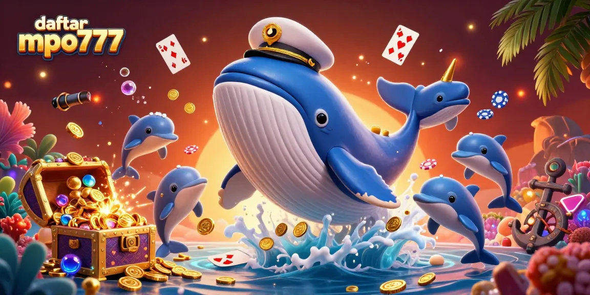 Experience daftar mpo777 with immersive 3D casino illustration featuring playful dolphins and gold coins.