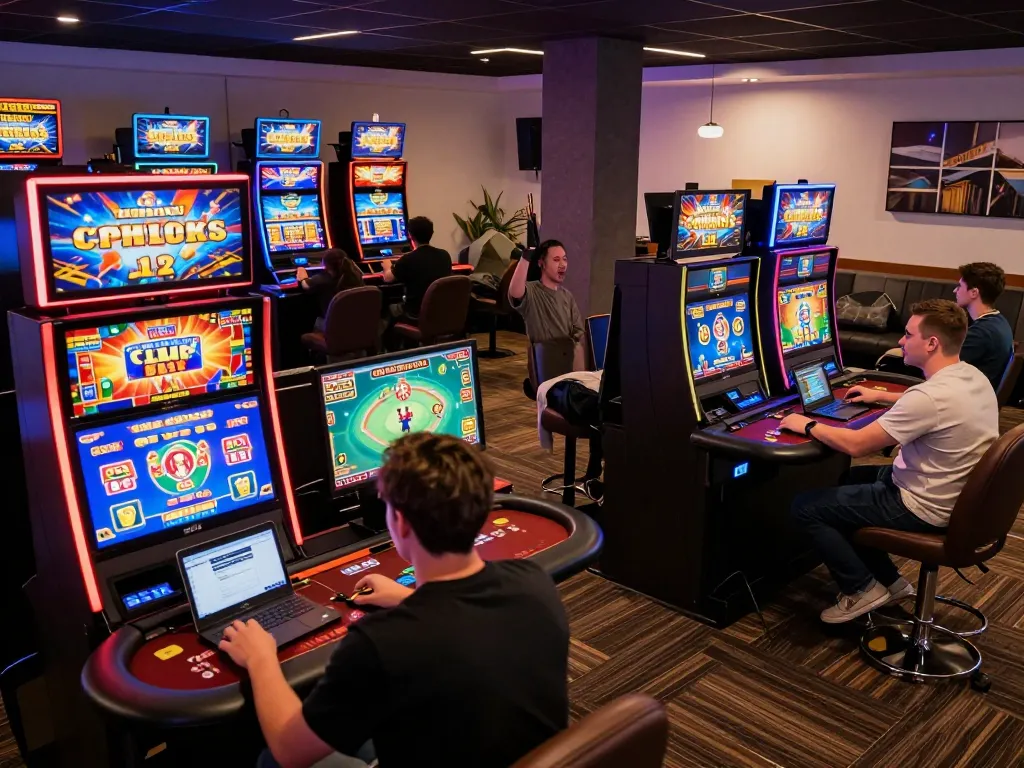 Players enjoying action at non gamstop casinos, engaging in dynamic gameplay on colorful slot machines.