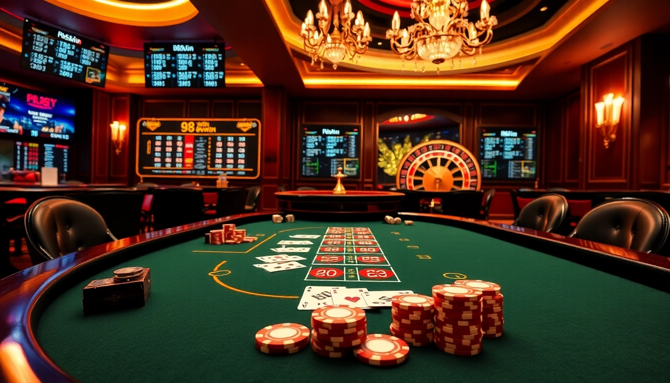 A dynamic scene of blackjack players at a 98win casino table showcasing their poker skills and strategies.