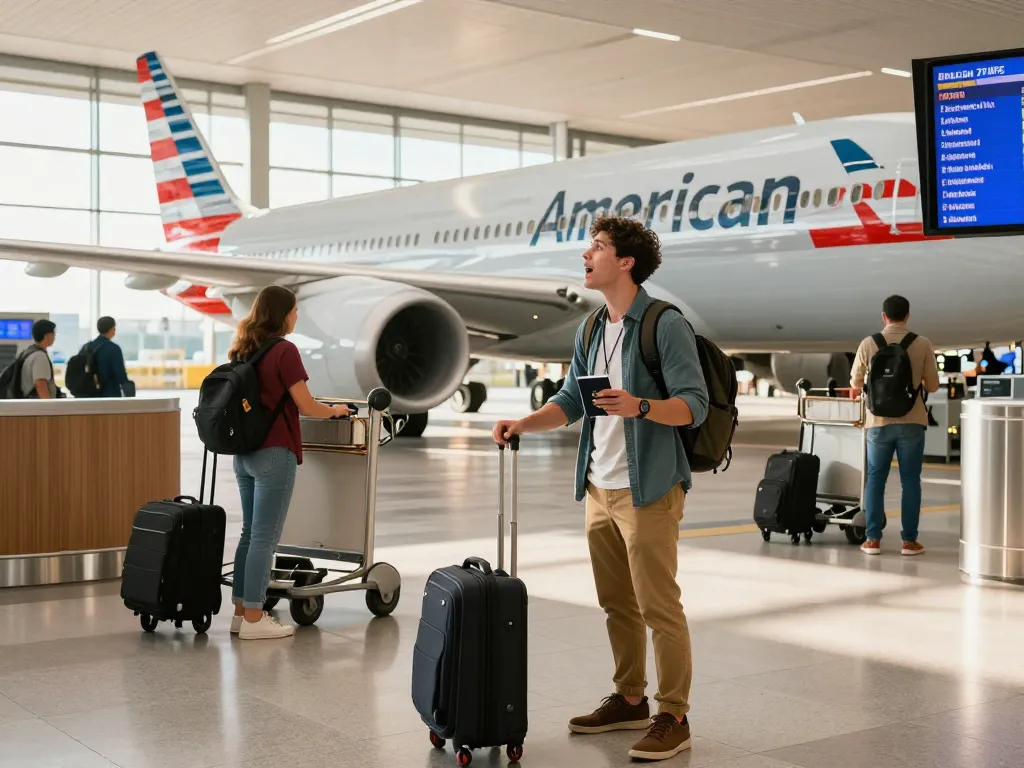 Traveler excitedly gazing at the American Airlines 789P aircraft in a bustling airport terminal.