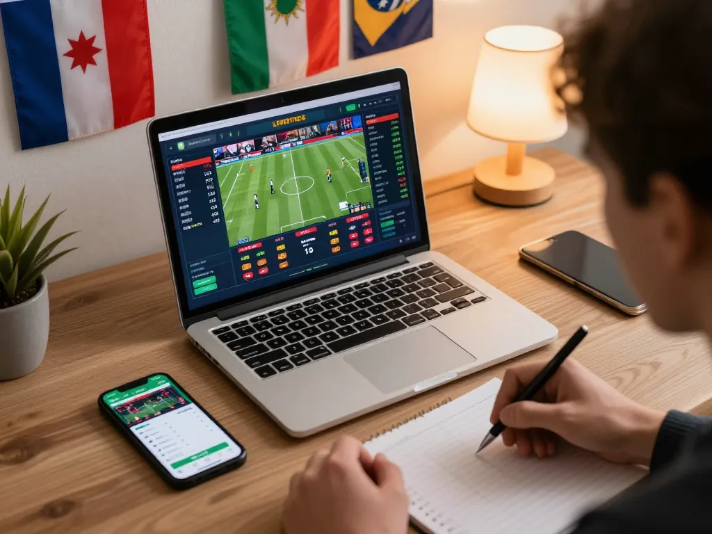 Engaging LGOSUPER sports betting scene with laptop screen showing live odds and analysis notes.