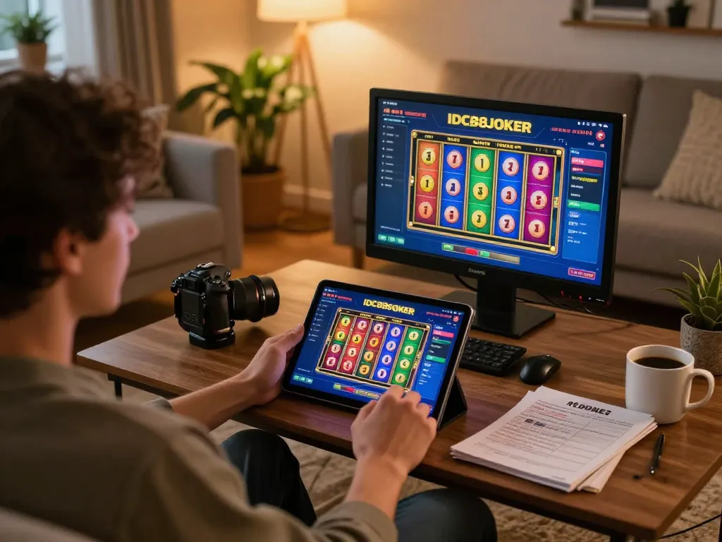Engaging gameplay on IDC88JOKER slots displayed on a tablet in a cozy home setting