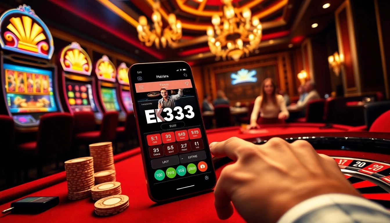 Experience excitement with EK333, showcasing vibrant slot machines and engaged poker players in a luxurious online casino setting.