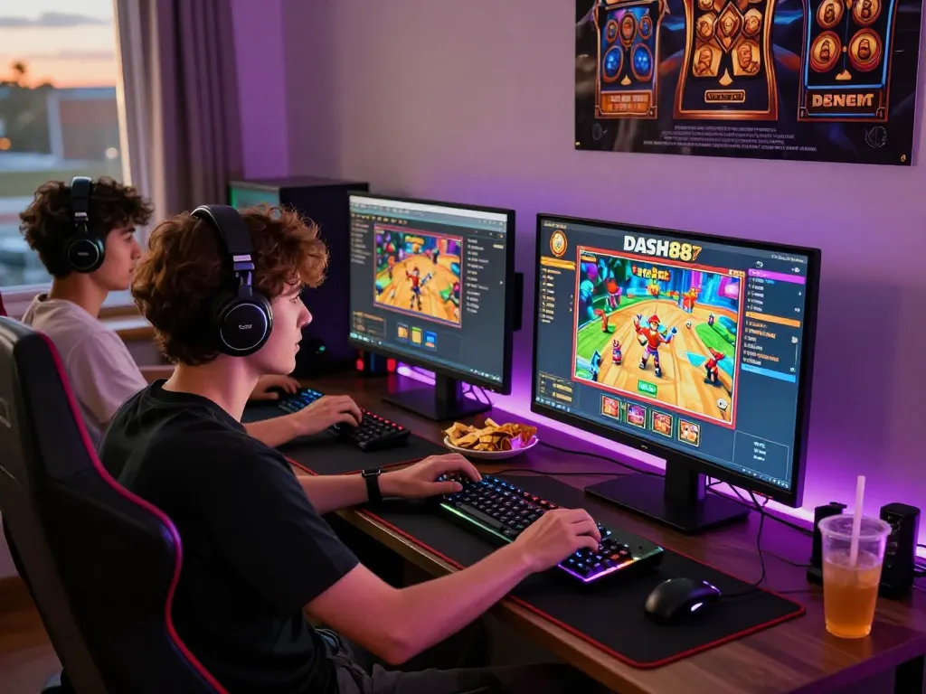 Exciting gaming moment on Dash88 platform with vibrant slot graphics and gaming equipment.
