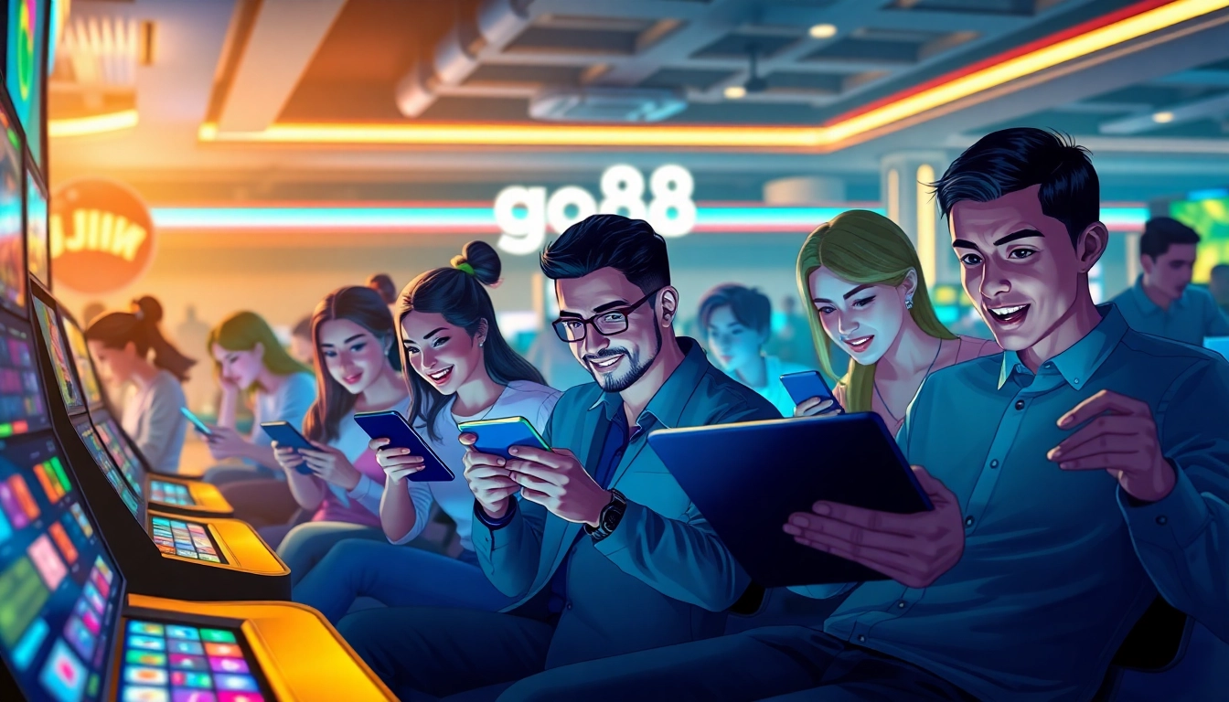 Exciting online gaming scene at go88, featuring diverse players engaged in thrilling gameplay on various devices.