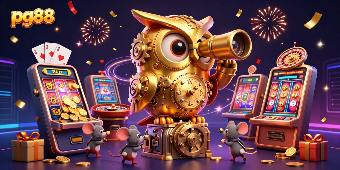 Engage with pg88's captivating casino world featuring a whimsical clockwork owl overseeing lively games.