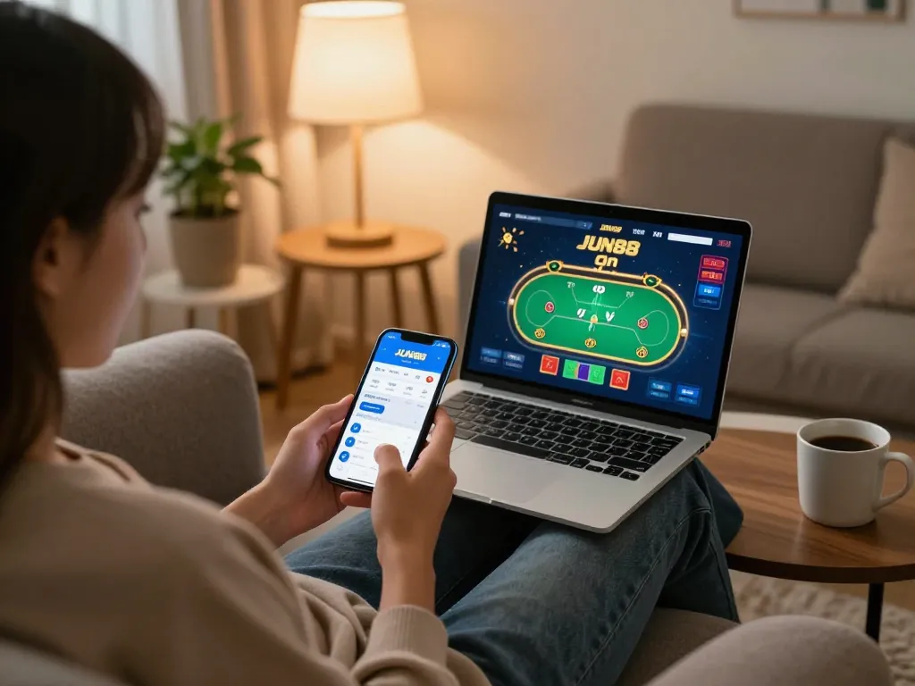 Engaging home gaming scene with JUN88 mobile app on smartphone and poker game on laptop.
