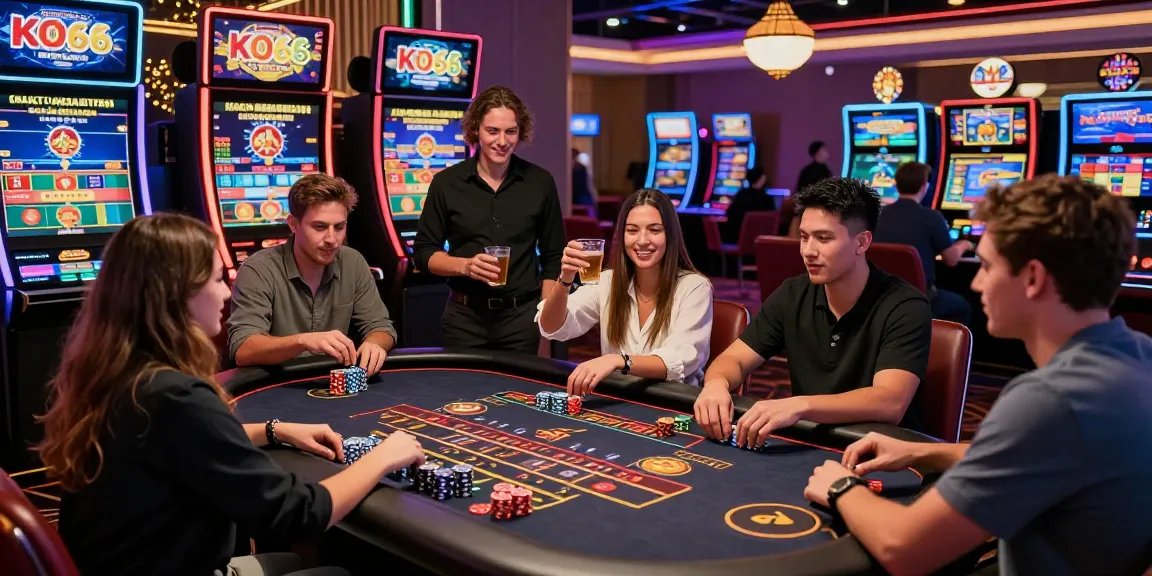 Exciting KO66 Casino scene with friends enjoying live gaming in a vibrant atmosphere.
