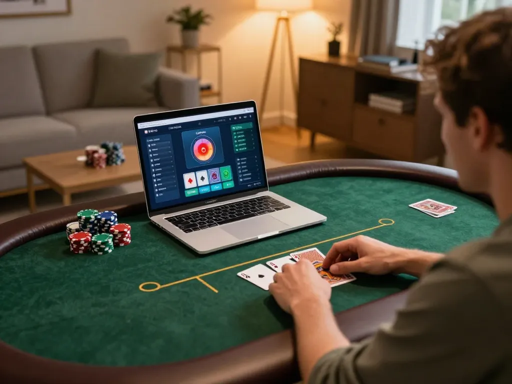 Engaging in a live dealer idn poker game at home, showcasing strategic gameplay in a cozy setup.
