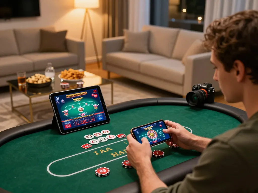 good88 mobile gaming experience with a person engaged in high-stakes poker on smartphone in a cozy living room